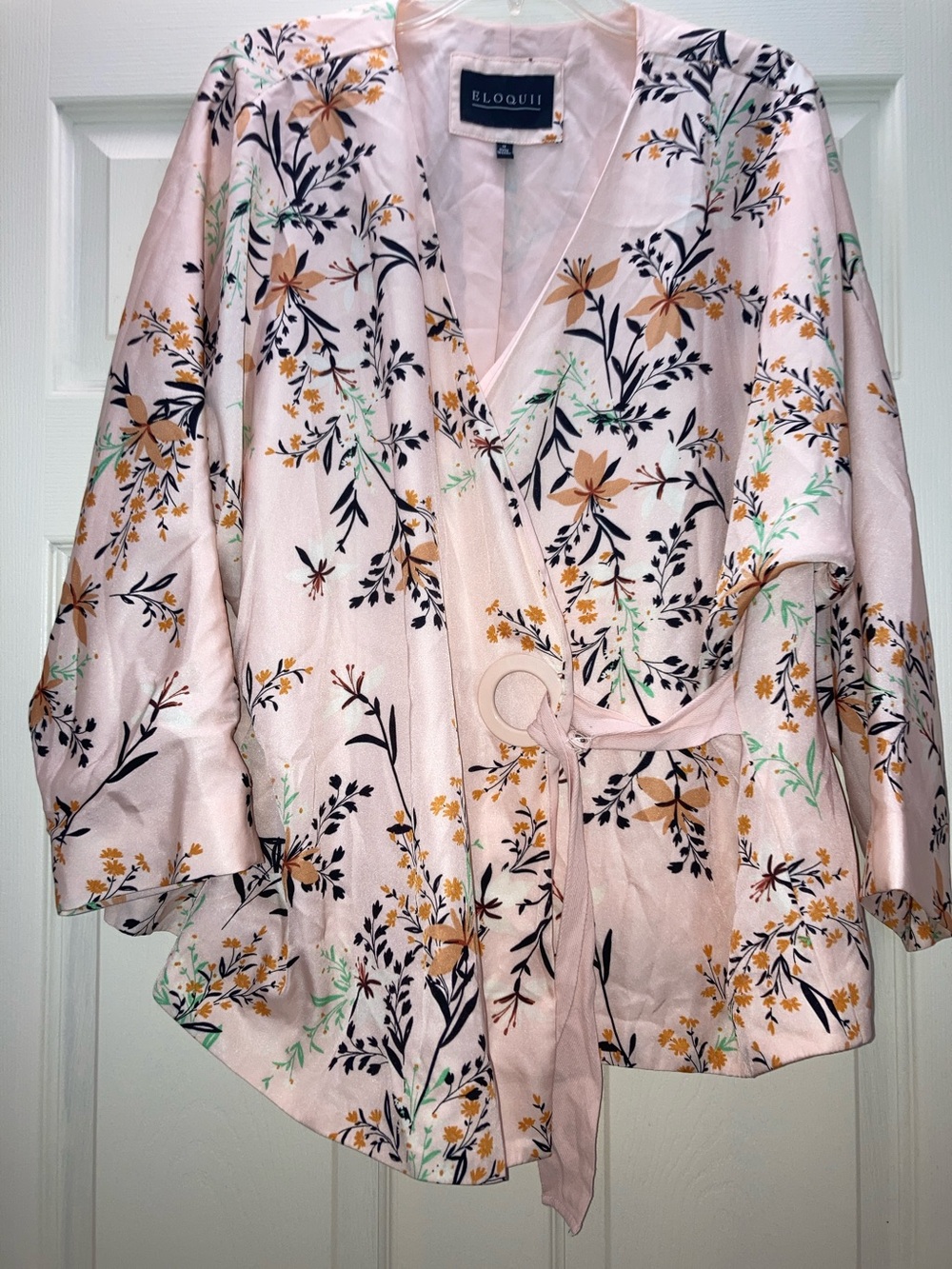 Eloquii Peachy-Blush Floral Satin Wrap Crop Jacket
